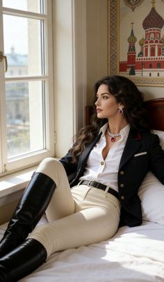 Woman in a blazer and riding boots sitting by a window