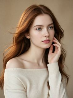 Woman with long red hair and green eyes wearing an off-shoulder top