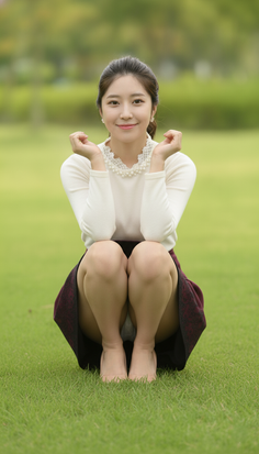 Woman in a white top and maroon skirt squatting on green grass