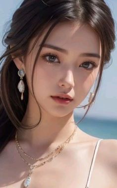 Woman with long hair and jewelry outdoors with a beach background