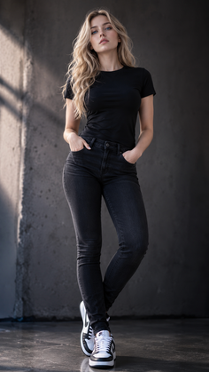 Woman with blonde hair wearing a black t-shirt and jeans, standing indoors