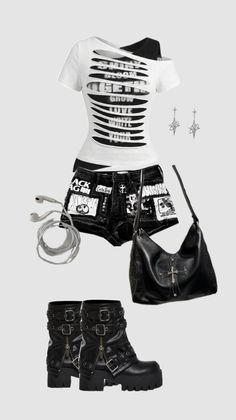Gothic style outfit with ripped t-shirt, patched shorts, and platform boots