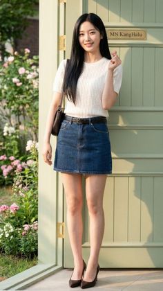 Woman with long black hair in a denim skirt and white top standing outdoors