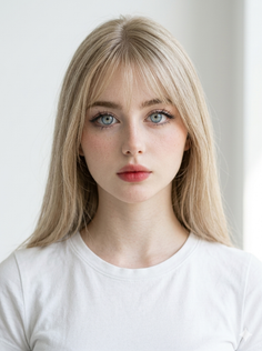 Blonde woman with blue eyes and bangs wearing a white t-shirt