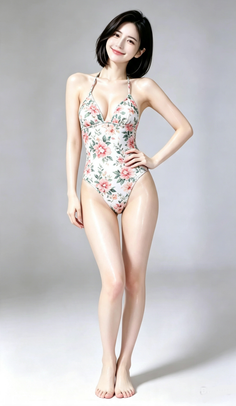 Woman in a floral print swimsuit posing in a studio