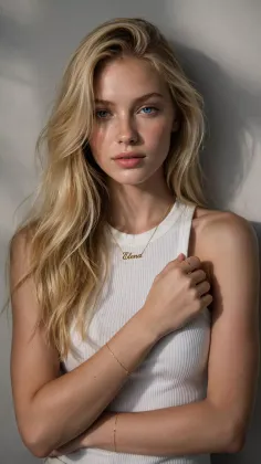 Blonde woman with blue eyes wearing a white tank top and a name necklace