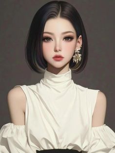 Illustration of a woman with short hair wearing a white off-shoulder top
