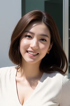 Smiling woman with short brown hair and earrings in daylight