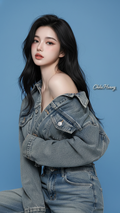 Woman with long black hair wearing a denim jacket off her shoulders