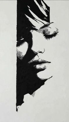Black and white illustration of a woman's face with closed eyes and strong shadows