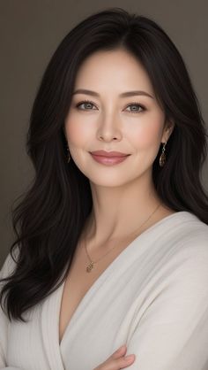 Woman with long dark hair wearing a white top and gold jewelry