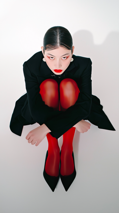 Woman in a black blazer and red tights with dramatic makeup, shot from a high angle
