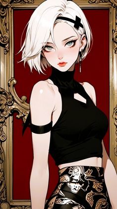 Anime style woman with white short hair in a black top and patterned skirt