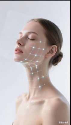Woman with a glowing grid on her face and neck, eyes closed