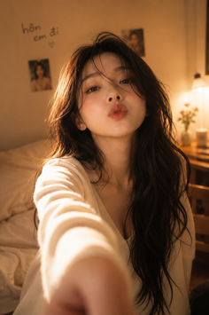 Woman with long dark hair making a kissy face in a warm indoor setting