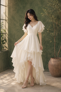 Woman in a white high-low ruffle dress posing indoors with soft lighting