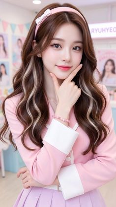 Woman with long wavy hair and a pink jacket posing indoors