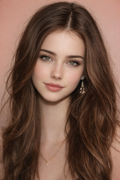 Woman with long brown hair and green eyes wearing earrings and a necklace