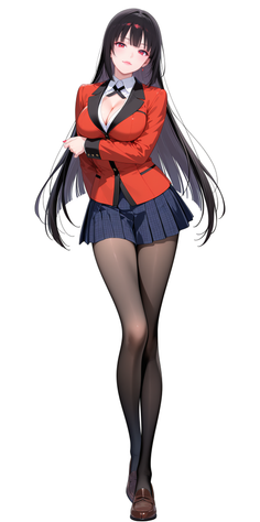 Anime girl in a red blazer and pleated skirt with black pantyhose