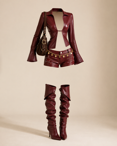 Maroon leather jacket, shorts, and boots with a handbag and gold chain belt
