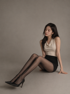 Woman in black pantyhose and high heels sitting on the floor
