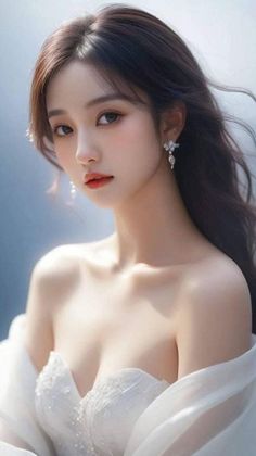 Woman with long hair wearing a white dress and jewelry, with soft lighting