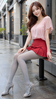 Woman with long brown hair wearing a red skirt and grey tights sitting outdoors