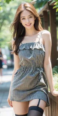 Woman in a plaid dress and black stockings smiling outdoors