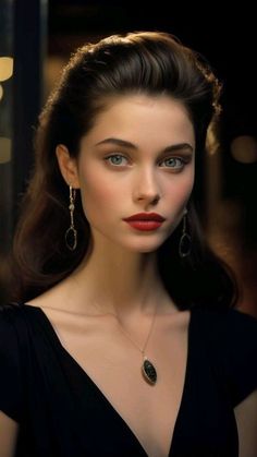 Woman with long dark hair and red lipstick wearing a black dress and jewelry