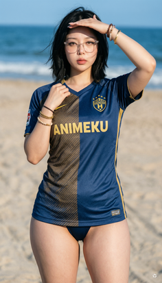 Woman in a blue and gold jersey and swimsuit bottom on a beach