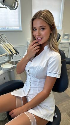 Woman in a white uniform and stockings sitting in a dental office
