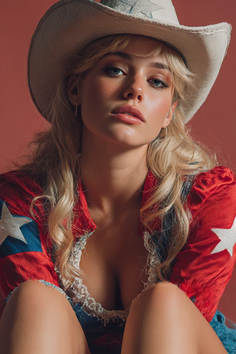 Woman in a cowboy hat and red jacket with stars, showing cleavage