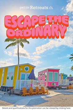 Colorful tiny houses under a bright blue sky with palm trees