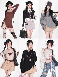 Six different outfits featuring ripped clothing and mini skirts on models