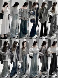 Multiple women showcasing various casual outfits with wide leg pants and platform shoes