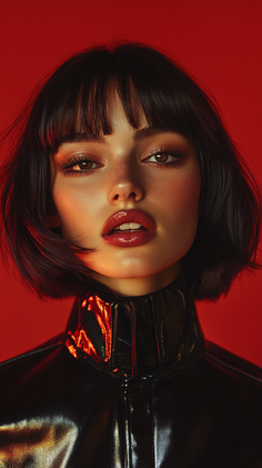 Woman with short dark hair and red lipstick wearing a black jacket against a red background