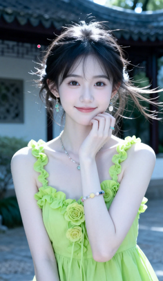 Woman in a green dress with floral details and jewelry, outdoors