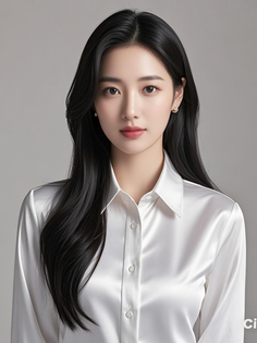 Woman with long black hair wearing a white satin shirt in a studio setting