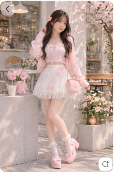 Woman in a pink cardigan and white lace mini skirt standing outdoors