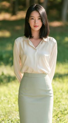Woman with short black hair wearing a blouse and pencil skirt outdoors