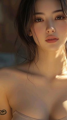 Woman with long hair and exposed shoulders in soft, warm lighting