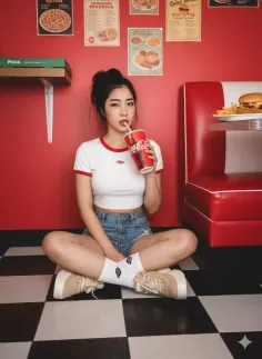 Woman in a crop top and denim shorts sitting on a checkered floor in a diner