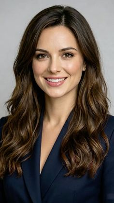 Woman with long wavy brown hair wearing a navy blazer, smiling at the camera