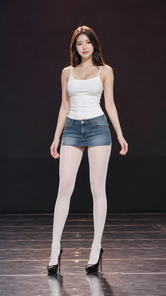 Woman in a white tank top, denim mini skirt, and white tights posing in a studio