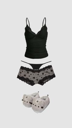 Black camisole, thong, star-patterned sleep shorts, and cat slippers