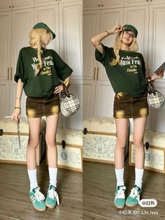 Woman with blonde hair in a plaid hat, green t-shirt, and mini skirt indoors
