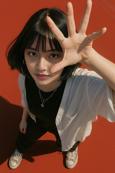 Woman with short black hair wearing a white shirt and black t-shirt, looking up