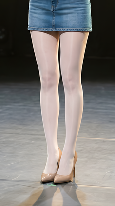Person in a denim skirt, white tights, and high heels standing indoors