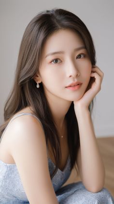 Woman with long brown hair wearing a light blue dress and pearl earrings