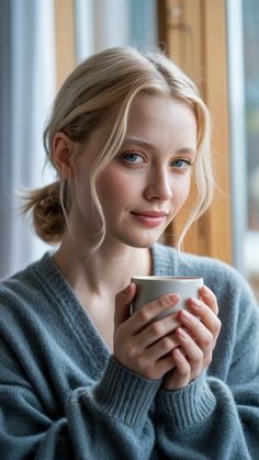 Blonde woman in a blue sweater holding a mug indoors